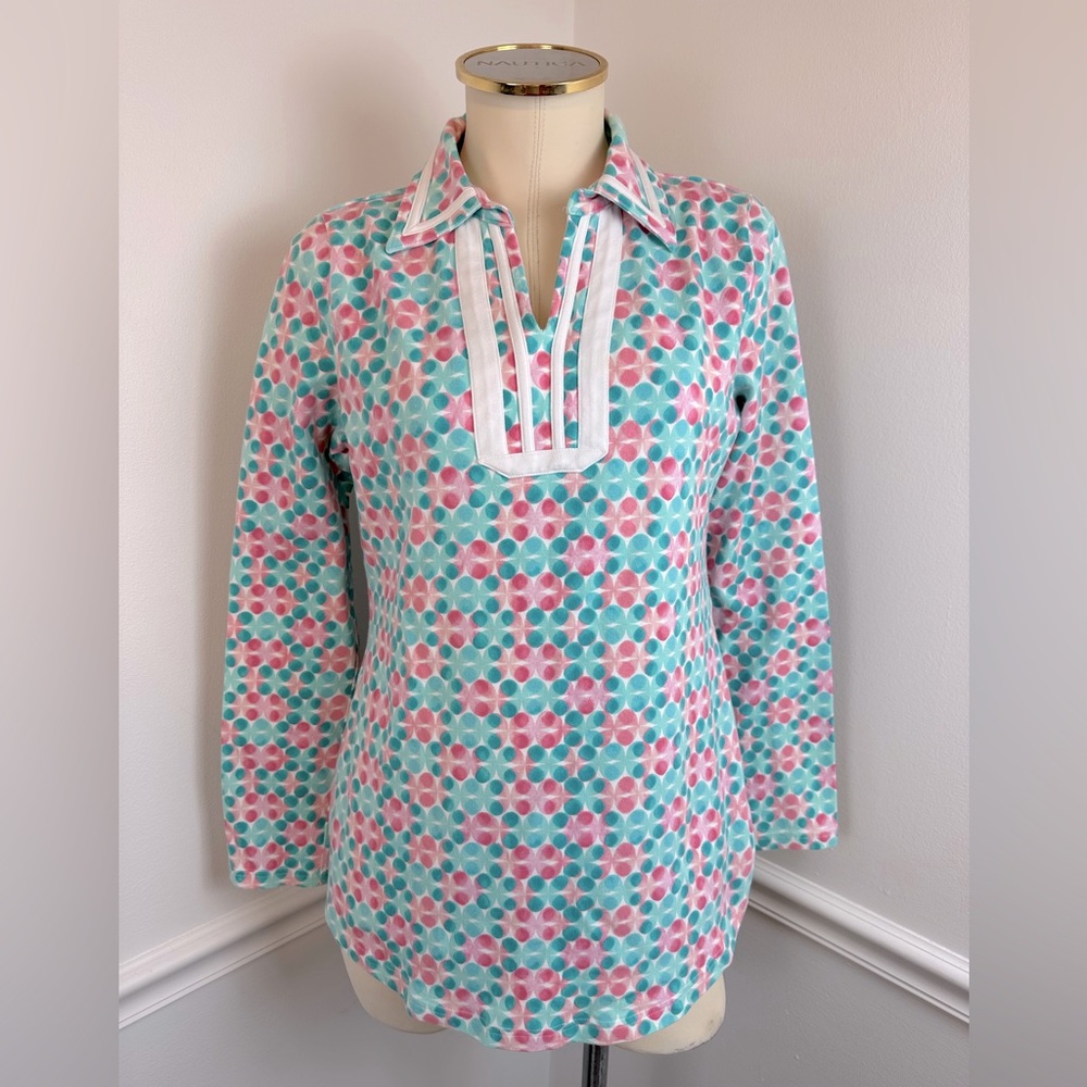 TALBOTS White, Pink & Mint Long Sleeve Collared Top | Size Small
